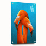 Acrylic wall art featuring a vibrant flamingo design, presented in a side view with decorative pins, showcasing bright pink hues against a sleek glass background. Ideal for modern decor.