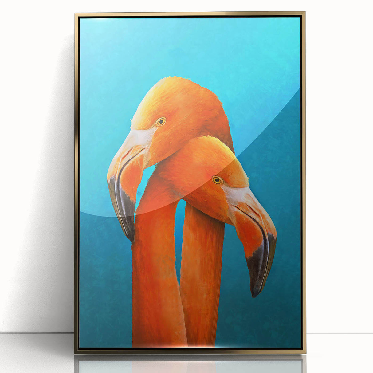 Framed wall art featuring a vibrant flamingo design in acrylic with a gold frame, perfect for adding a touch of elegance to modern decor.