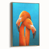 Framed canvas wall art featuring a vibrant flamingo design with gold accents, showcasing a side view. Ideal for modern decor in living spaces or offices.