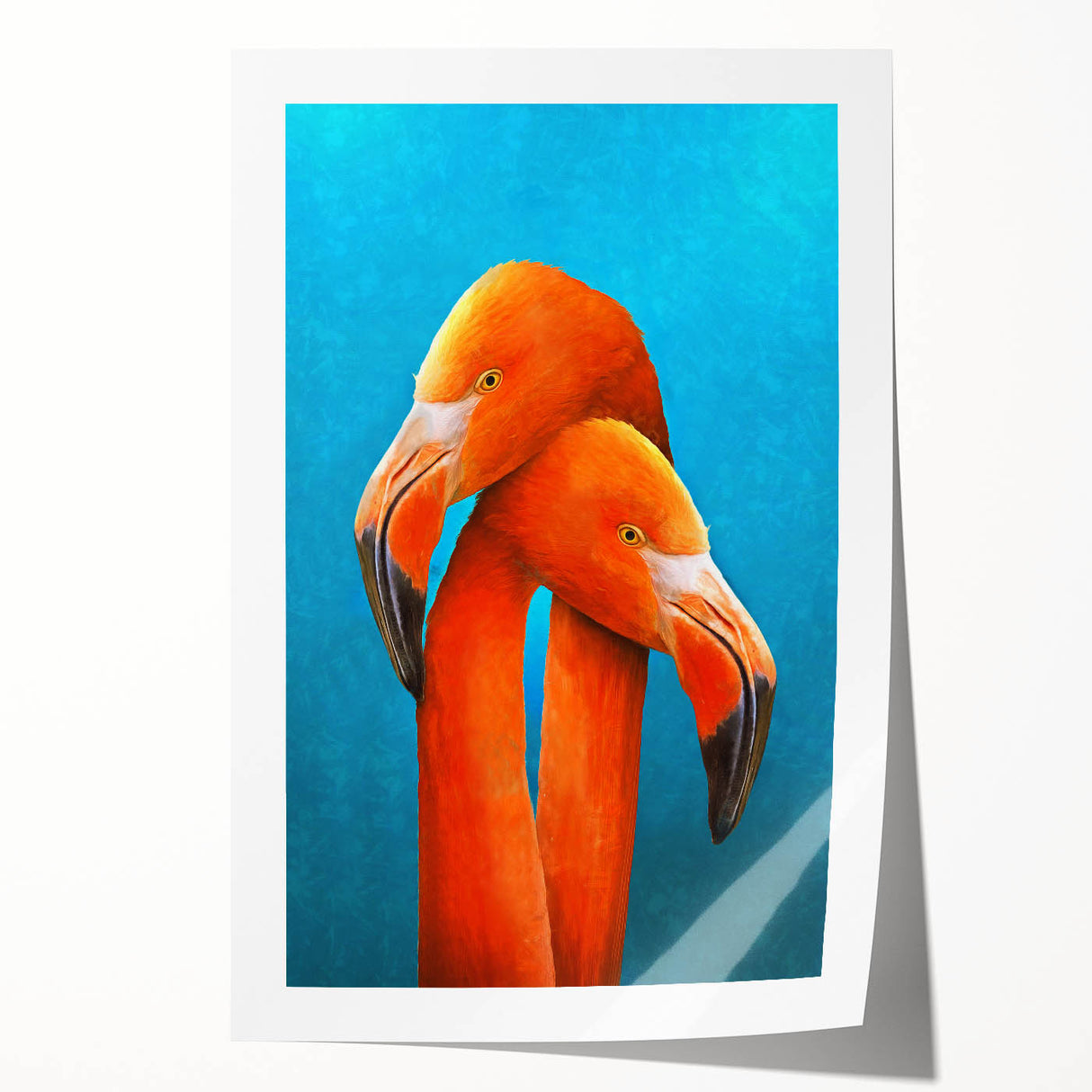 Flamingo-themed wall art print showcasing vibrant pink flamingos against a serene blue background, perfect for adding a tropical touch to home decor.