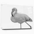 Side view of a vibrant flamingo-themed wall art design displayed in acrylic glass, showcasing colorful imagery and unique pin details ideal for modern decor.