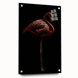 Acrylic wall art featuring a vibrant flamingo design, showcasing a side view with colorful details and pinned to a sleek surface, ideal for modern decor.