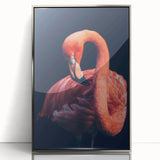 Framed acrylic wall art featuring a vibrant flamingo design in shades of pink and silver, elegantly displayed against a modern decor backdrop, ideal for contemporary spaces.