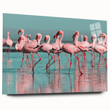 Elegant acrylic wall art featuring a vibrant flamingo design, showcasing detailed colors and textures, ideal for modern decor. Side view displays its sleek glass finish, perfect for enhancing home aesthetics.