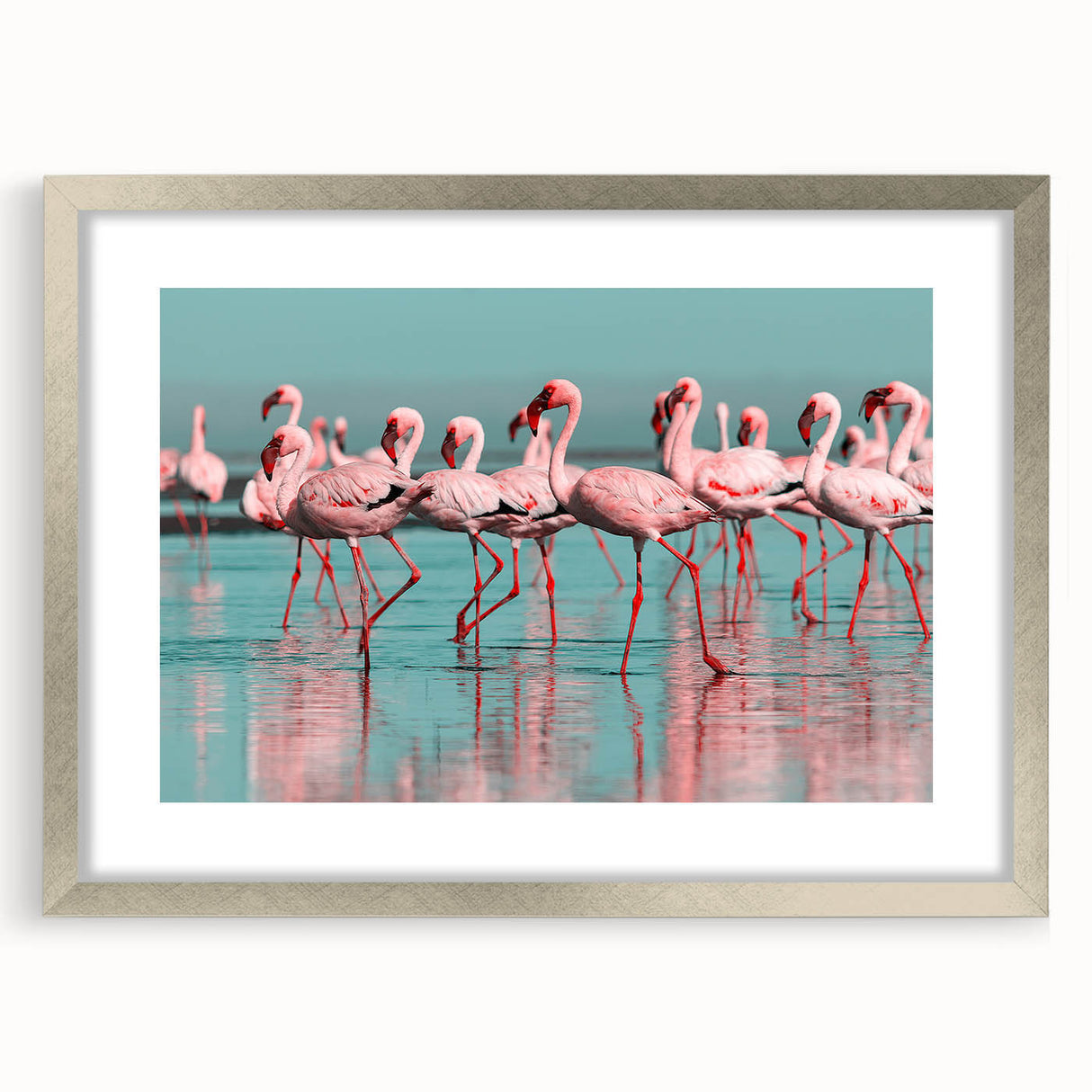 Framed wall art showcasing a vibrant flamingo design in a silver frame with a mat, perfect for enhancing modern home decor and adding a tropical touch.