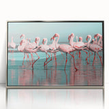 Framed wall art featuring a vibrant flamingo design in silver-acrylic finish, perfect for adding a tropical touch to modern home decor. Ideal for bird lovers.