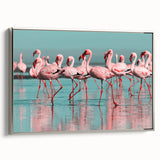 Framed canvas wall art showcasing a vibrant flamingo design, accented with a sleek silver frame, displayed in a stylish setting, perfect for modern decor.
