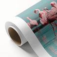 Flamingo wall art design on rolled canvas, showcasing vibrant pink and green colors, perfect for tropical-themed decor. Packaged securely in a cardboard tube for delivery.