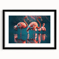 Framed wall art featuring a vibrant flamingo design with a black mat, showcasing elegant pink and white colors, perfect for home decor or tropical-themed interiors.