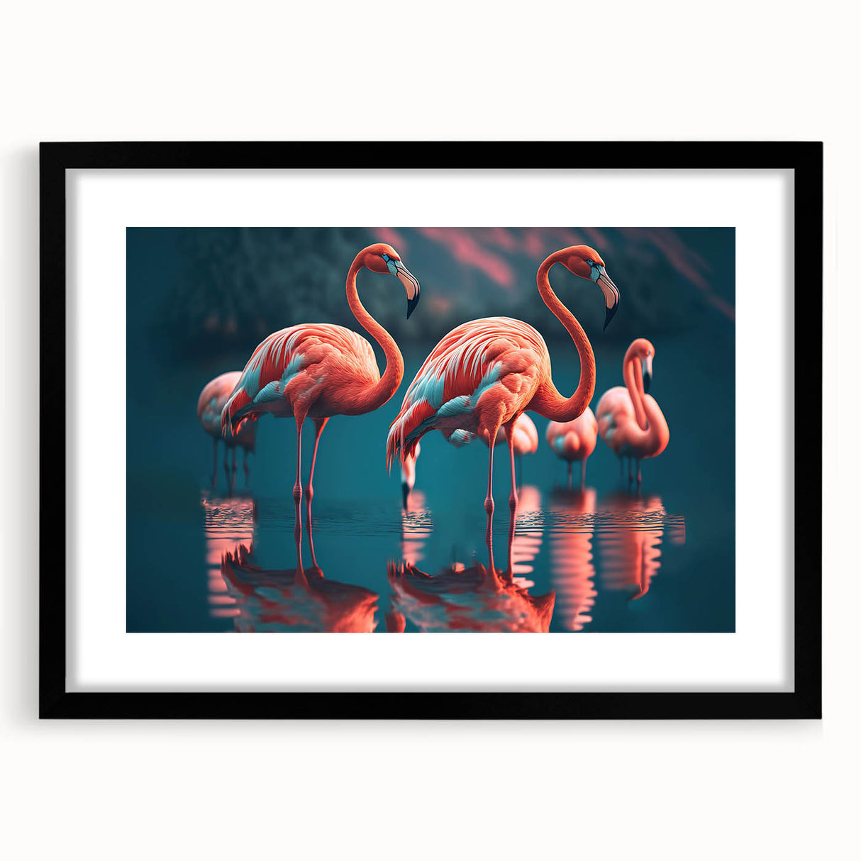 Framed wall art featuring a vibrant flamingo design with a black mat, showcasing elegant pink and white colors, perfect for home decor or tropical-themed interiors.