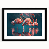 Framed wall art featuring a vibrant flamingo design with a black mat, showcasing elegant pink and white colors, perfect for home decor or tropical-themed interiors.