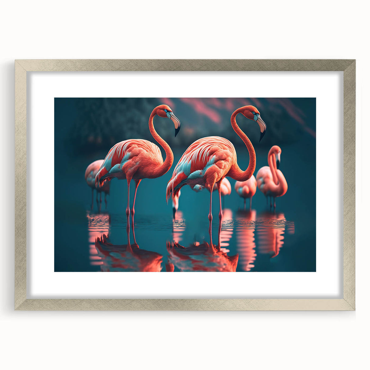 Framed wall art featuring a vibrant flamingo design in a silver frame, accented with a white mat, perfect for adding a tropical touch to home decor.