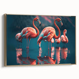 Elegant framed wall art collection showcasing a vibrant flamingo design on canvas, featuring a gold frame and side view, perfect for modern decor.
