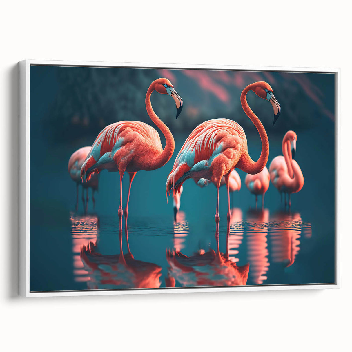 Framed wall art featuring a vibrant flamingo design on white canvas, showcasing colorful tropical birds in a modern aesthetic, perfect for home decor.