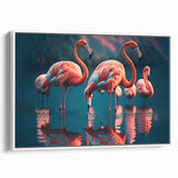 Framed wall art featuring a vibrant flamingo design on white canvas, showcasing colorful tropical birds in a modern aesthetic, perfect for home decor.