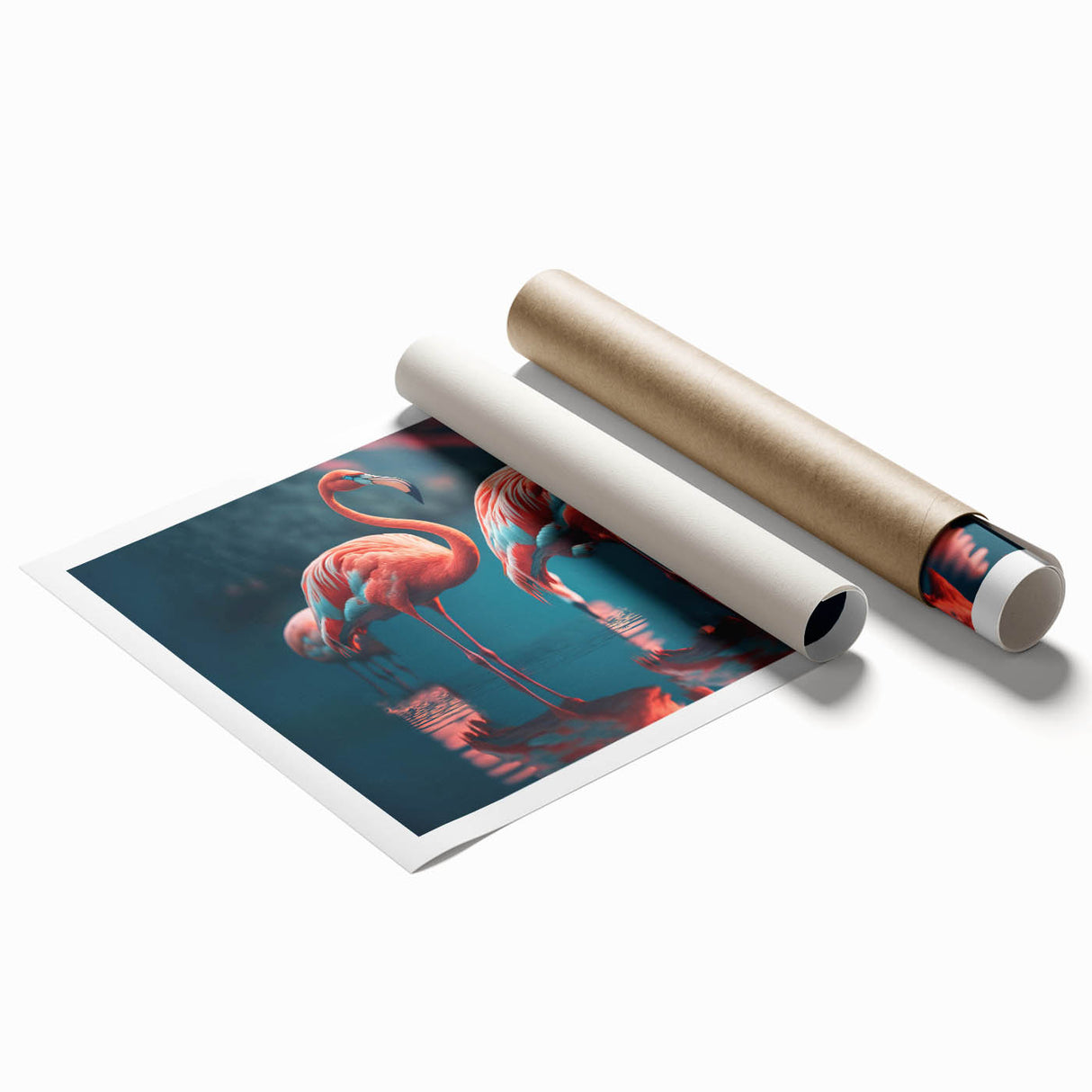 Vibrant flamingo wall art print showcasing a colorful tropical design, rolled for easy shipping, ideal for enhancing modern and eclectic decor styles.