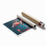 Vibrant flamingo wall art print showcasing a colorful tropical design, rolled for easy shipping, ideal for enhancing modern and eclectic decor styles.