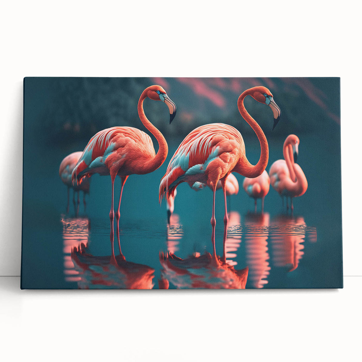 Vibrant flamingo wall art collection printed on stretched canvas, featuring elegant pink birds against a serene blue background, perfect for modern decor.