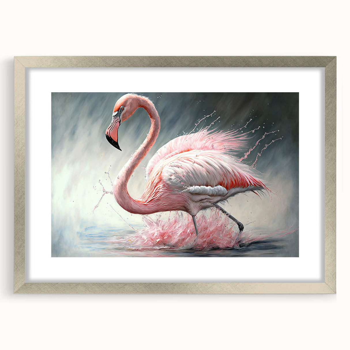 Framed wall art featuring a vibrant flamingo design, elegantly set in a silver frame with a mat, perfect for enhancing modern decor in living spaces.
