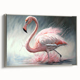 Framed canvas wall art featuring a vibrant flamingo design in pink and silver tones, showcasing a modern aesthetic ideal for contemporary decor.