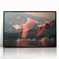 Framed acrylic wall art featuring a vibrant flamingo design against a black background, ideal for modern decor and enhancing interior aesthetics.