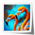 Flamingo-themed wall art collection featuring vibrant pink and green colors, showcasing elegant flamingo designs on glossy prints, perfect for home decor.