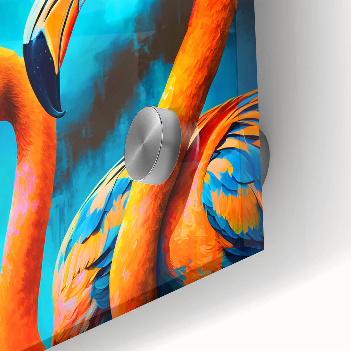 Close-up of a vibrant flamingo-themed wall art design printed on acrylic glass, showcasing intricate details and bright colors, perfect for modern home decor.