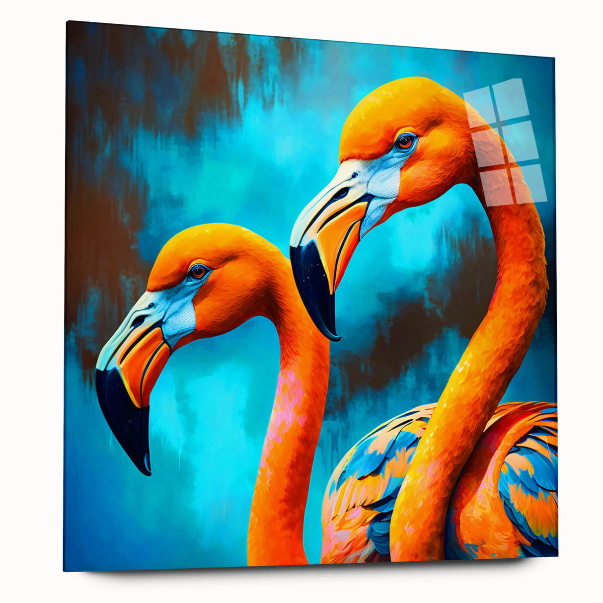Flamingo-themed wall art collection displayed in a sleek acrylic glass frame, showcasing vibrant colors and intricate details, perfect for modern home decor.