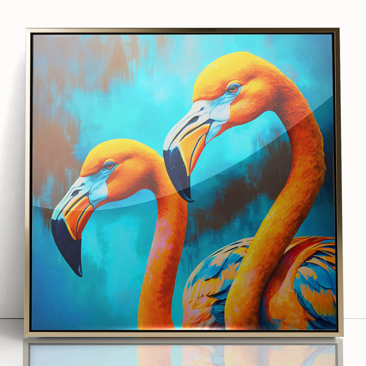 Framed wall art featuring a vibrant flamingo design in pink and gold accents, elegantly displayed with a sleek acrylic front, perfect for modern home decor.