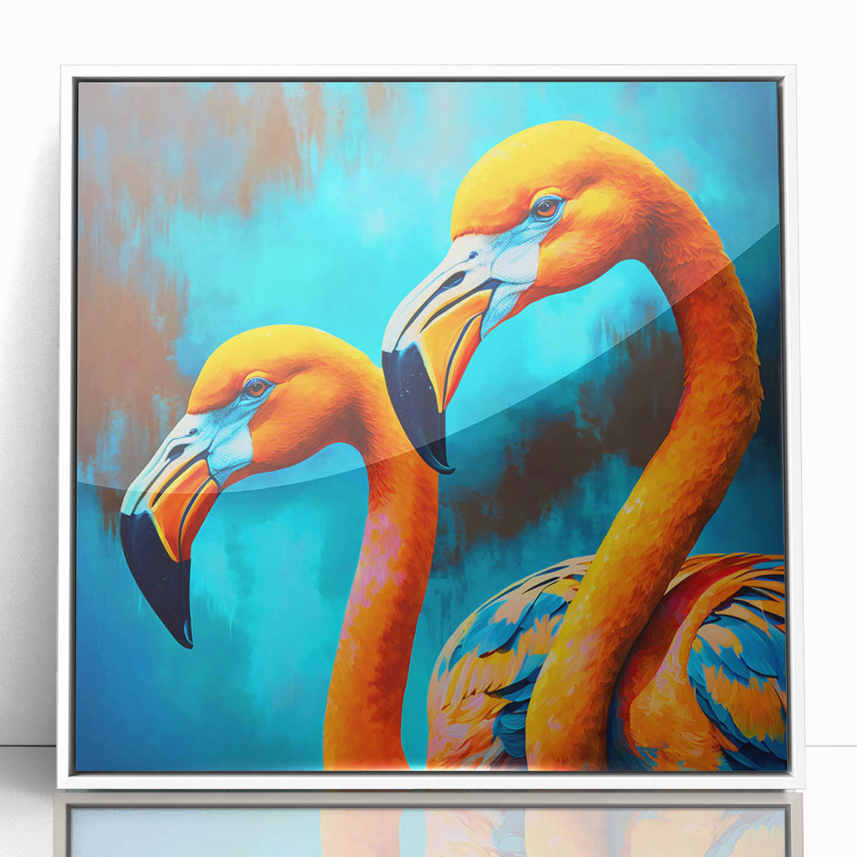 Framed wall art featuring a vibrant flamingo design, showcasing bold pink hues against a white background, perfect for modern home decor or tropical-themed spaces.