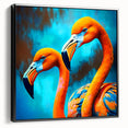 Framed canvas wall art featuring a vibrant flamingo design in a black frame, showcasing a side view. Ideal for modern decor, adding a tropical touch to any room.
