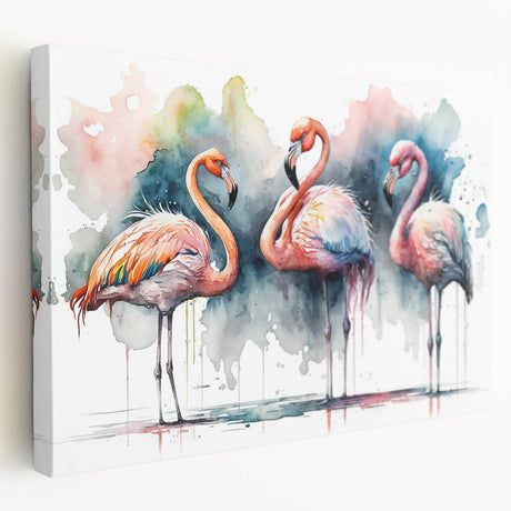 Stretched canvas wall art featuring a vibrant flamingo design in pink and green hues, showcasing tropical elegance, ideal for home decor or beach-themed interiors.