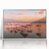 Framed acrylic wall art featuring a vibrant flamingo design, showcasing a white frame with a modern aesthetic, perfect for enhancing contemporary decor.