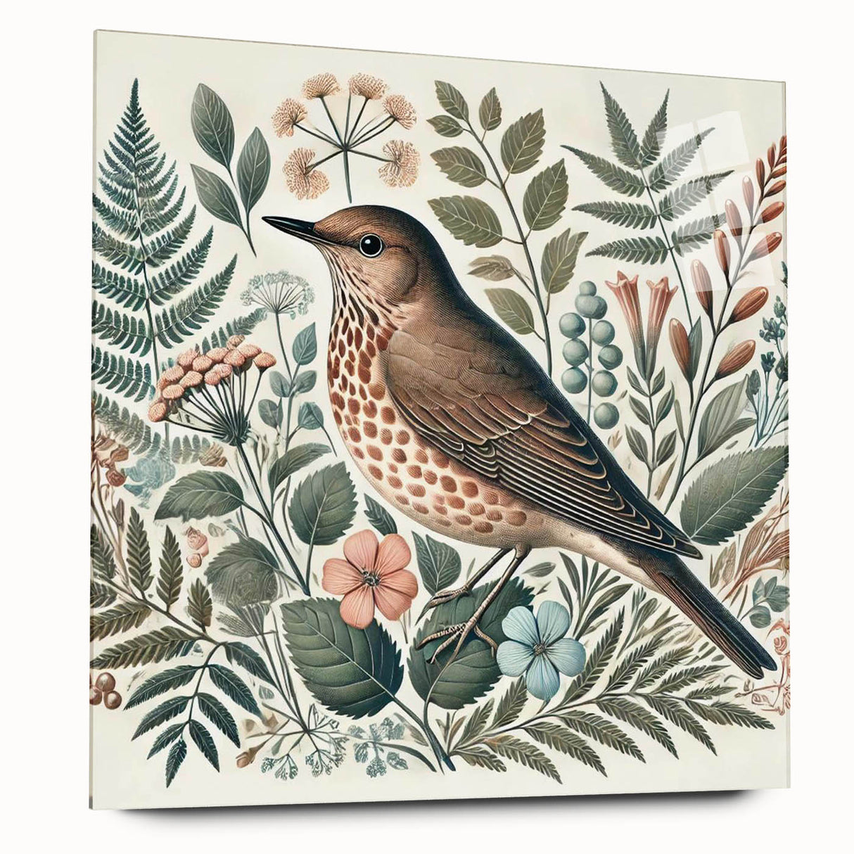 Acrylic glass wall art collection featuring vibrant garden bird designs, displayed from a side view without pins, perfect for enhancing home decor with nature-themed aesthetics.