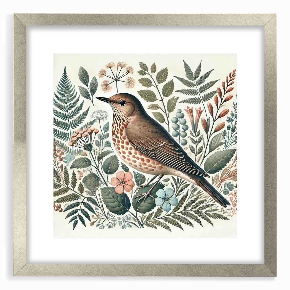 Framed wall art featuring a stylish garden birds design in vibrant colors, set in a sleek silver frame with a mat, ideal for home decor enhancement.