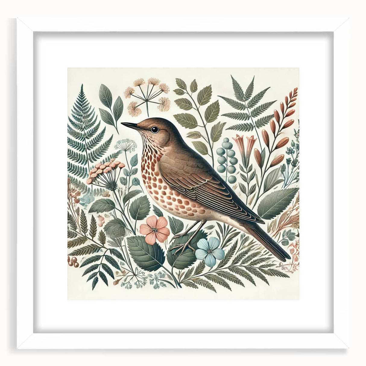 Framed wall art showcasing a vibrant garden bird design, featuring intricate illustrations and a white mat, perfect for home decor in nature-themed spaces.