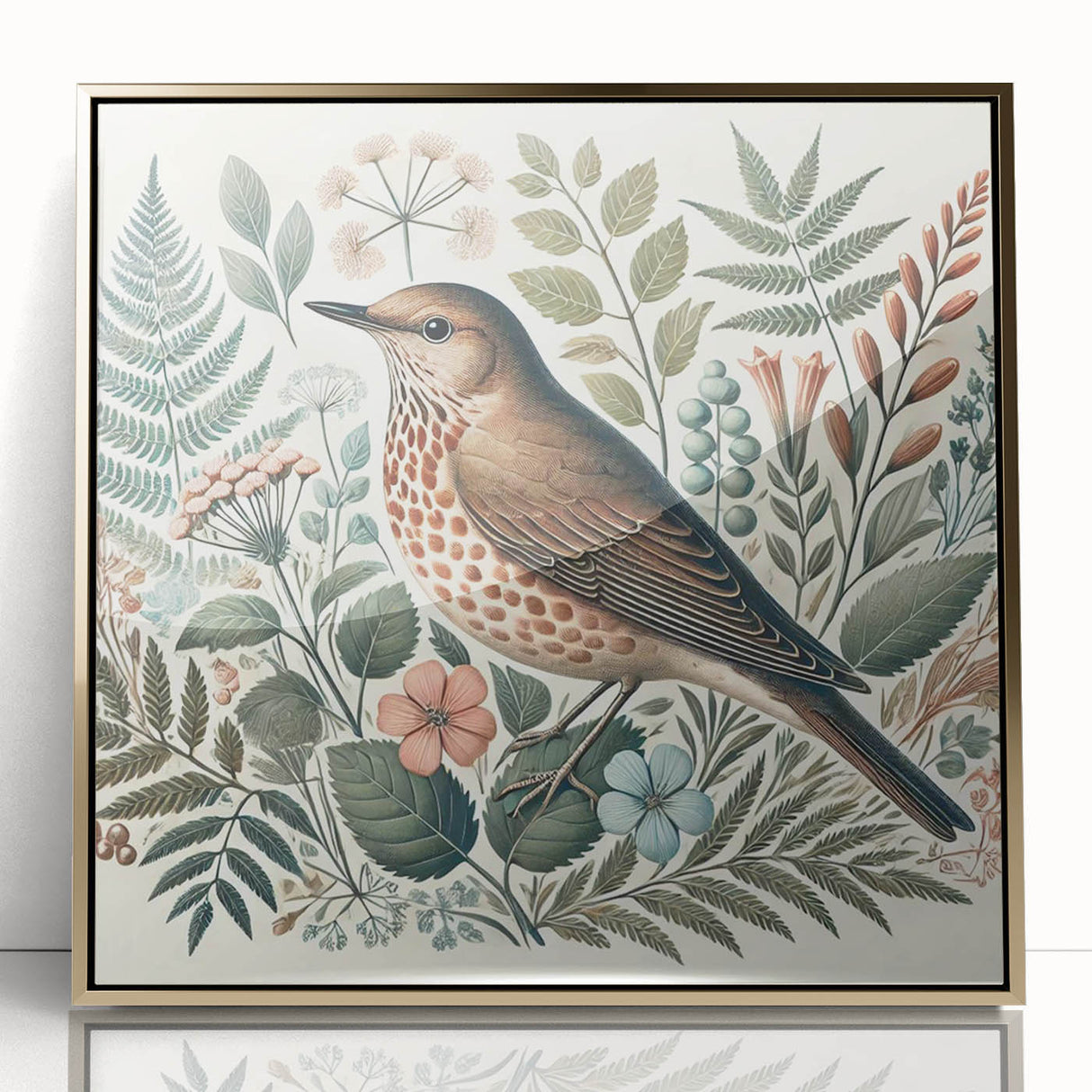 Framed wall art collection showcasing an elegant design of colorful garden birds, featuring a gold acrylic front and a stylish frame, perfect for home decor.