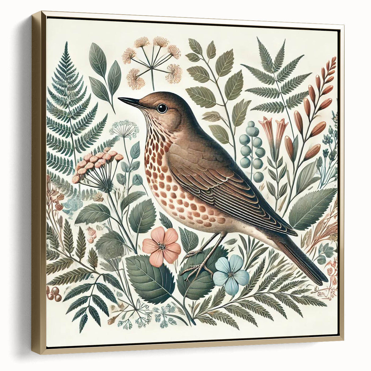 Framed canvas wall art showcasing a vibrant garden birds design with gold accents, perfect for home decor, highlighting nature's beauty and elegance.