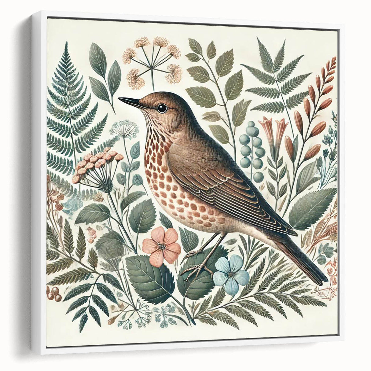 Framed canvas wall art depicting colorful garden birds in a serene natural setting, showcasing intricate details with a white frame, perfect for home decor enhancement.