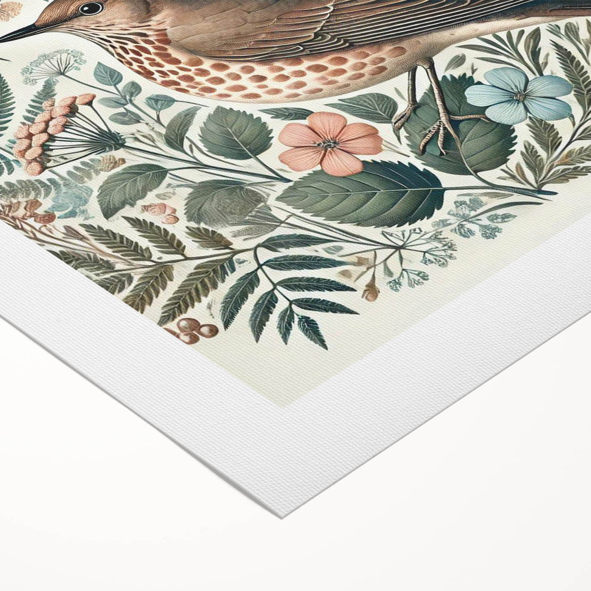 Vibrant rolled canvas artwork showcasing a collection of colorful garden birds perched amidst lush greenery, perfect for nature-inspired home decor.