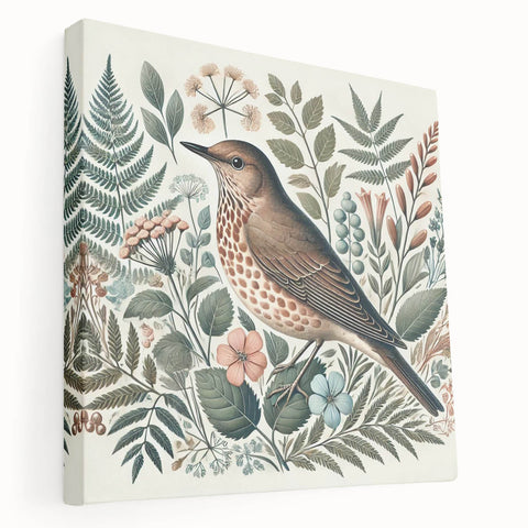Stretched canvas wall art depicting colorful garden birds in a vibrant design, showcasing intricate details and a side view of the artwork, perfect for home decor.