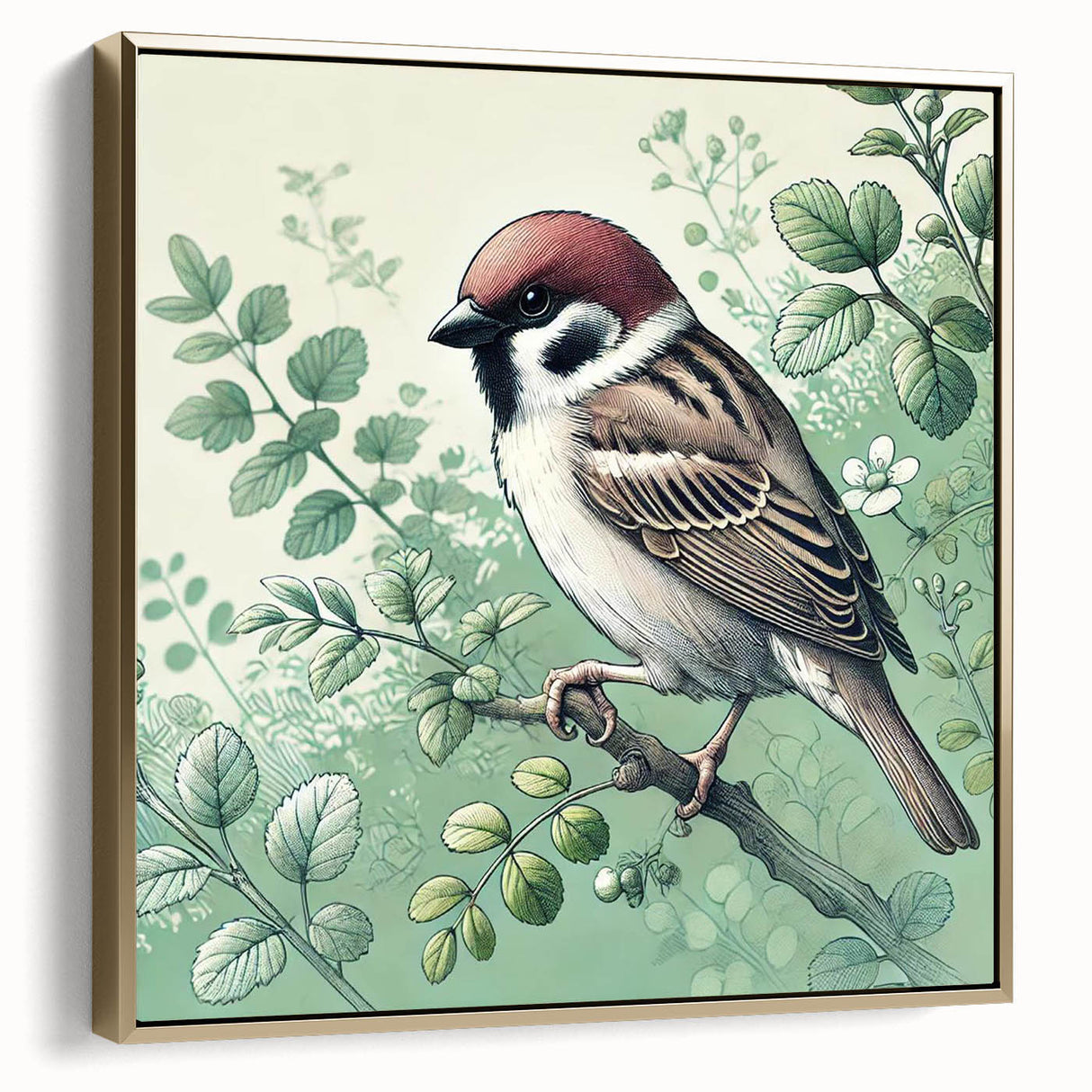 Framed wall art featuring a vibrant collection of garden birds in gold tones, showcasing intricate details and textures, perfect for adding elegance to home decor.