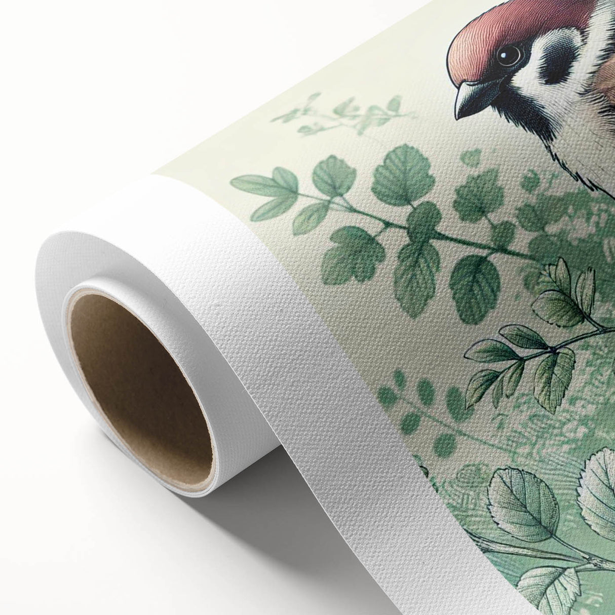 Colorful rolled canvas showcasing a vibrant garden bird design, perfect for home decor, featuring detailed illustrations of various bird species on a textured background.