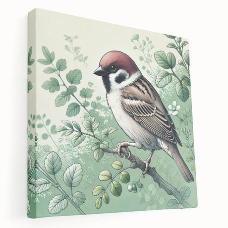 Vibrant wall art featuring a colorful garden bird design on stretched canvas, showcasing detailed feather patterns and a lively outdoor setting. Perfect for nature lovers.