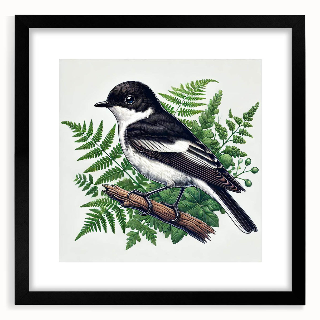 Framed wall art featuring a collection of colorful garden birds in a black frame with a mat, perfect for enhancing home decor with nature-inspired aesthetics.
