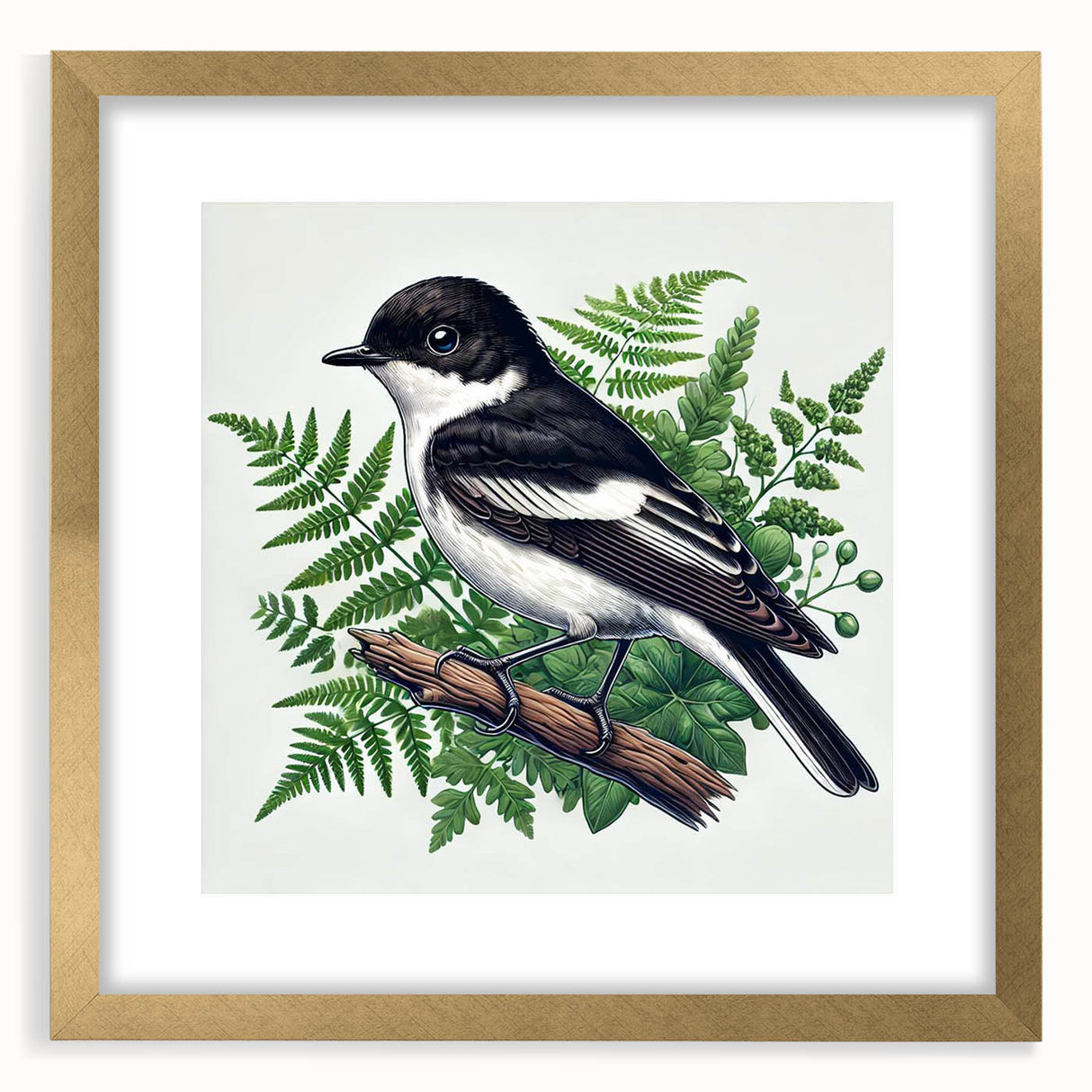 Framed wall art featuring a vibrant garden bird design in gold trim, showcasing detailed illustrations of various birds against a soft background, perfect for home decor.