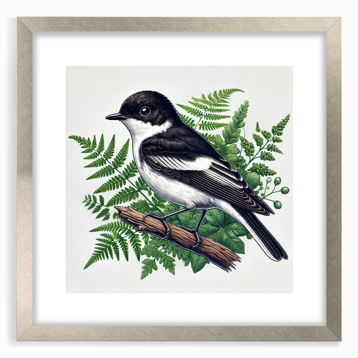 Framed wall art featuring a vibrant garden bird design in silver frame, complete with a mat, showcasing colorful birds amidst floral elements, ideal for home decor.