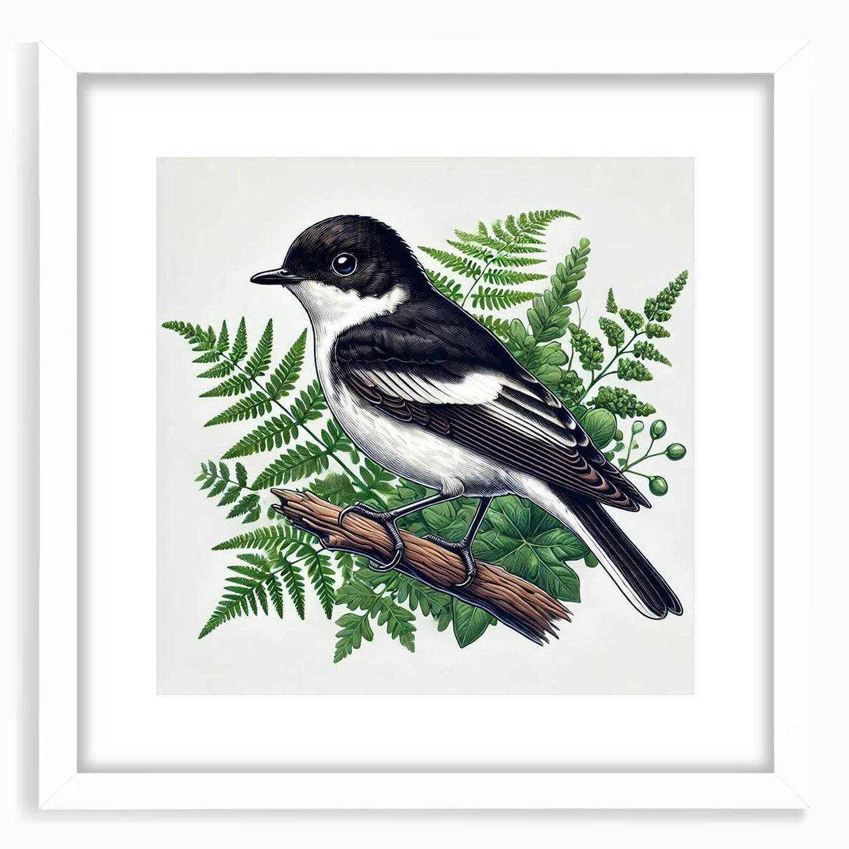 Framed wall art featuring a vibrant garden birds design, with a white mat and frame, showcasing colorful songbirds against a natural backdrop, perfect for home decor.