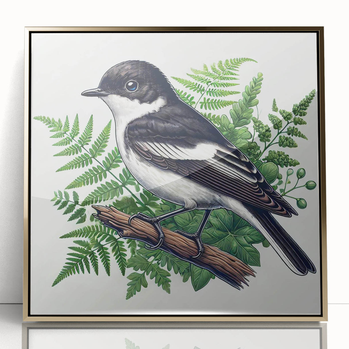 Framed wall art featuring a vibrant garden birds design with acrylic glass front and gold accents, perfect for enhancing home decor. Ideal for bird lovers.