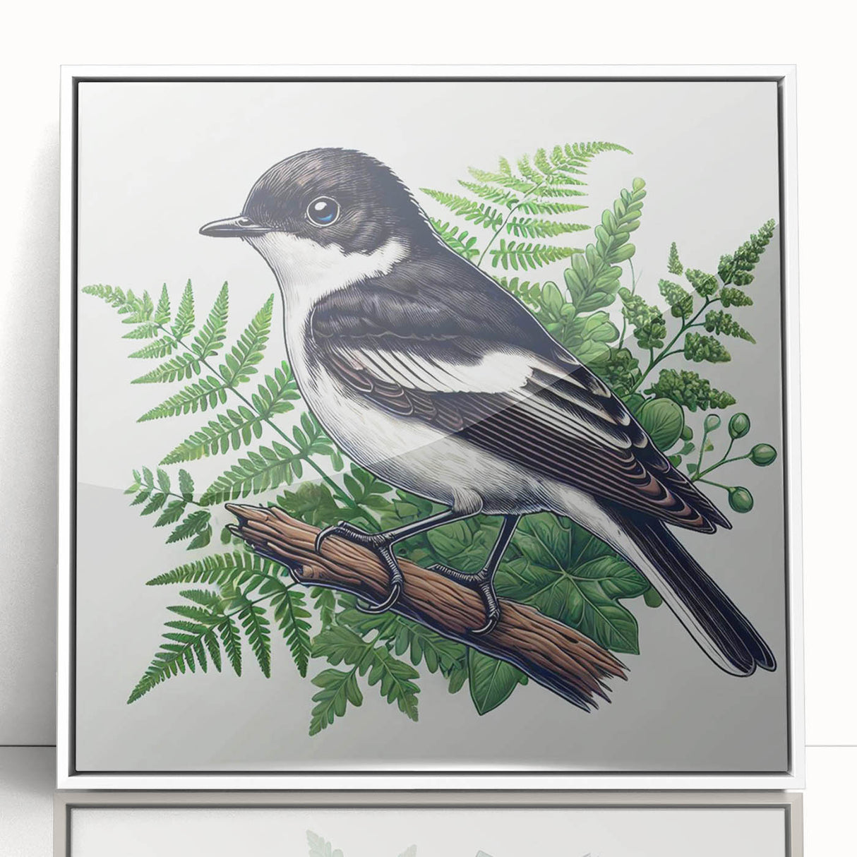 Framed acrylic wall art showcasing a vibrant garden scene with various colorful birds perched among lush greenery, ideal for home décor and nature enthusiasts.